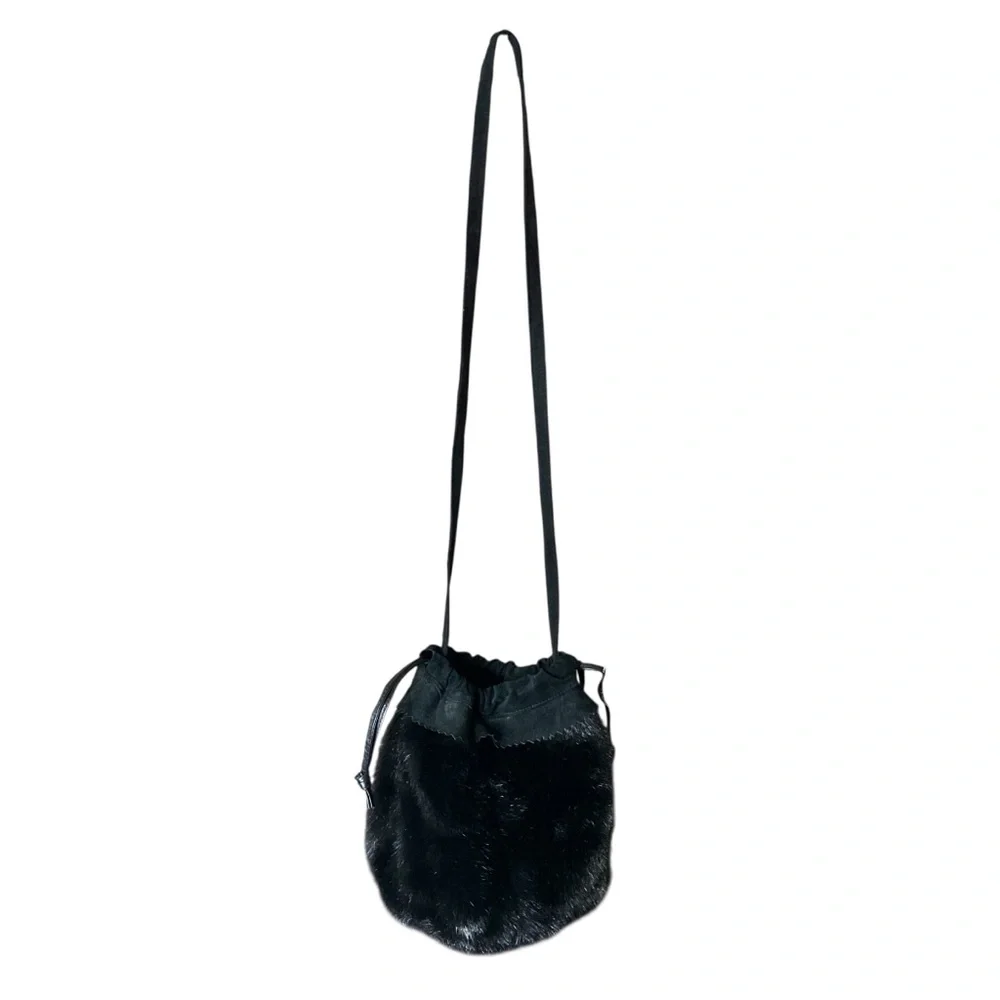 VTG 00s‎ Y2K Dennis Basso Faux Fur Shoulder Crossbody Bucket Bag Leather Black